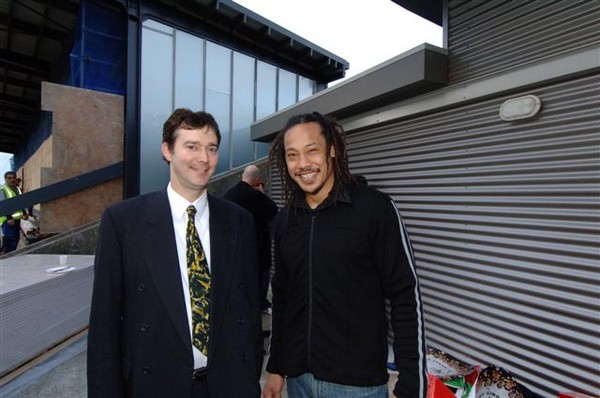 Tana Umaga and Roger Ellis at a recent Vodafone Wellington Lions community event in Newtown